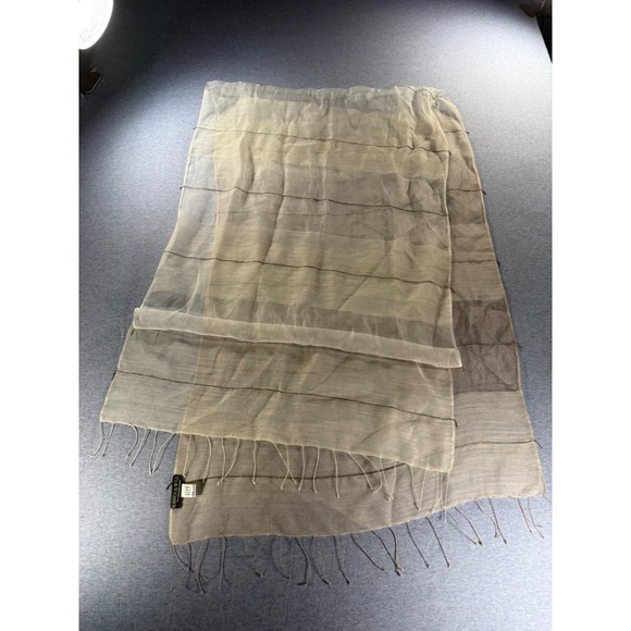 Randi & Will Accessories - Randi & Will Wool Silk Striped Scarf Metallic Detail Grey Cream Fringe Wrap